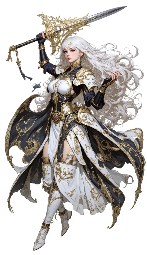 (Masterpiece:1.5),(Top Quality:1.3),(Amazing Quality:1.3), (Anime Character:1.3), ((nsfw)), Solo, Full Length, Chiara, 1 Girl, ((Sexy cute woman:1.5)), White Skin, Silver Gauntlets, Silver Boots, Western sexy Armor, Shining Clothes, gleaming decorations, (...