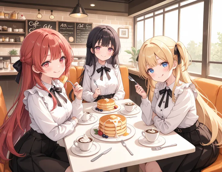 big pancake 、Lots of fruit, A lot of fresh cream, 3 girls , smiling, holding a fork and knife, closed mouth, licking their lips, cafe, indoors
