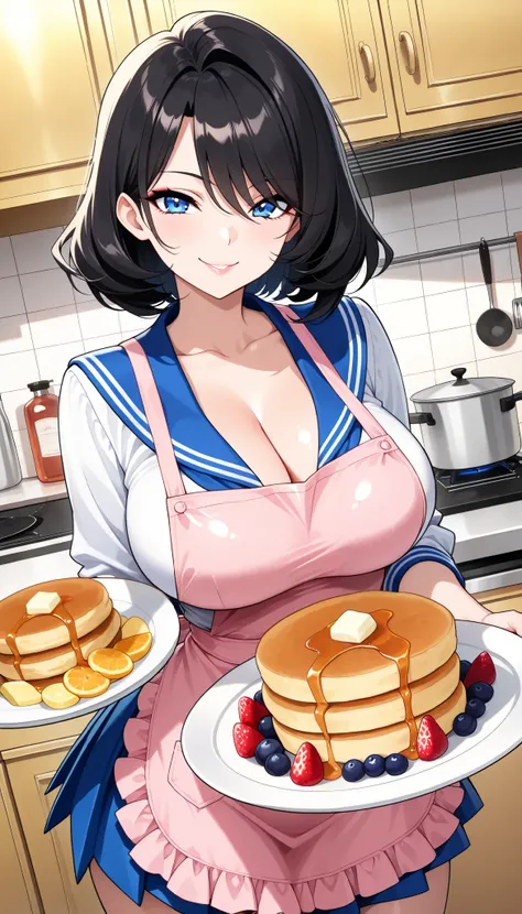 1 Beautiful Girl , ( pink apron , frill, frillエプロン), sailor suit, pleated skirt, Distinctive Feminine Features, Big Breasts, ( smiles, in gold, smiling), bob hair, Hair Hanging on One Eye :1.2, black hair, beautiful shining eyes, glossy lips , Very D...