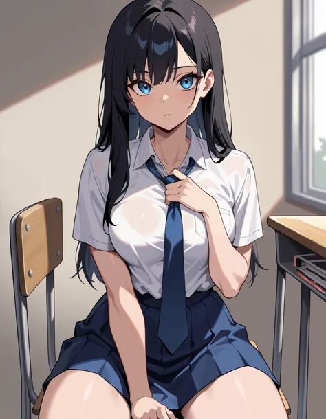 (masterpiece, ultra high definition, 16k, RAW photo, intricate), sharp focus, crisp details, 1girl , Look the viewer straight in the eye, bright expression, Classroom at a School with No One, loosen own tie, Remove your tie, school chair, sitting chair, ...