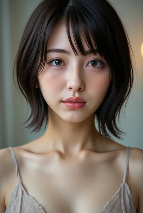 (( Best Quality )), ((masterpiece)), ( details), first-person view ,japanese girl, sexy,( Bring Your Face Closer ),((mouth wide open )),((underwear)), short hair, black hair, ((( without makeup )))