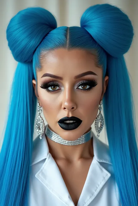 incredibly long and voluminous eyelash extensions, Bright black makeup makeup, diamond earrings , black lips, Double bundle, blue hair, She laughs, in a nurse's suit, silver choker on the neck