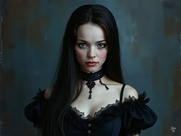 An extremely detailed an enigmatic young woman in her late s portrayed by a young Dominique Ruiz with pale skin black hair and amber eyes wearing a Victorian era gown and corset and gothic makeup with a look on her face that is somewhere between inviting a...