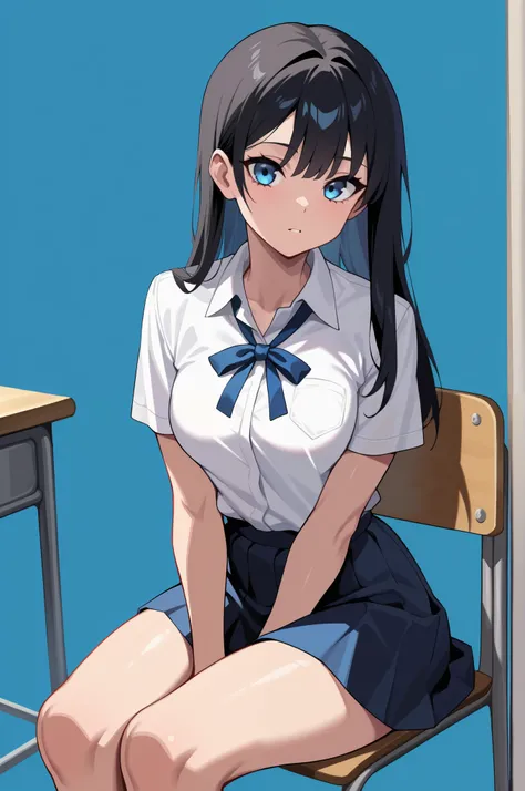 (masterpiece, ultra high definition, 16k, RAW photo, intricate), sharp focus, crisp details, 1girl , Look the viewer straight in the eye, bright expression, Classroom at a School with No One, school chair, sitting chair, black hair, long hair, shiny hair...
