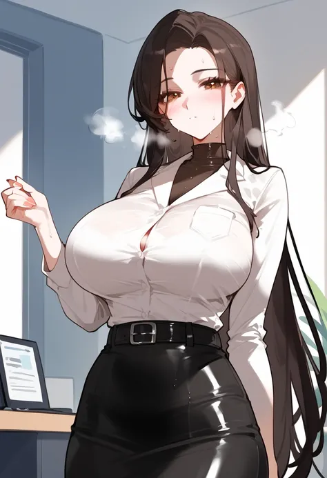 long hair, flowy black hair ,perky big breasts, perfect body,black turtle neck,office attire,leather belt, Brown eyes,sweaty, steam coming out of mouth, blushing, she is 24 years old, style_3, solo, sexy pose, 3/4 body shot