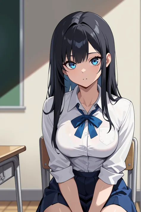 (masterpiece, ultra high definition, 16k, RAW photo, intricate), sharp focus, crisp details, 1girl , Look the viewer straight in the eye, bright expression, Classroom at a School with No One, school chair, sitting chair, black hair, long hair, shiny hair...