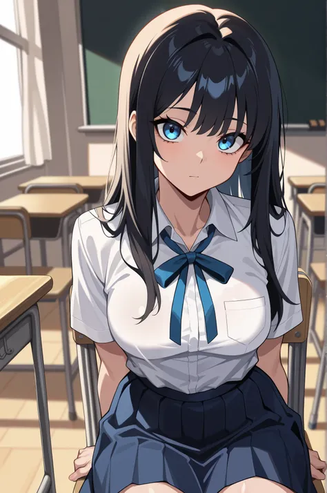 (masterpiece, ultra high definition, 16k, RAW photo, intricate), sharp focus, crisp details, 1girl , Look the viewer straight in the eye, bright expression, Classroom at a School with No One, school chair, sitting chair, black hair, long hair, shiny hair...