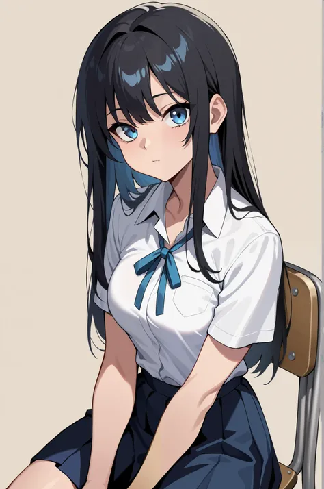 (masterpiece, ultra high definition, 16k, RAW photo, intricate), sharp focus, crisp details, 1girl , Look the viewer straight in the eye, bright expression, Classroom at a School with No One, school chair, sitting chair, black hair, long hair, shiny hair...