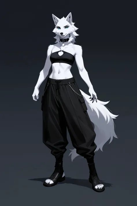 White furry girl she-wolf with a black collar around her neck. Dressed in black short top, black wide pants. no hair. Medium sized chest.