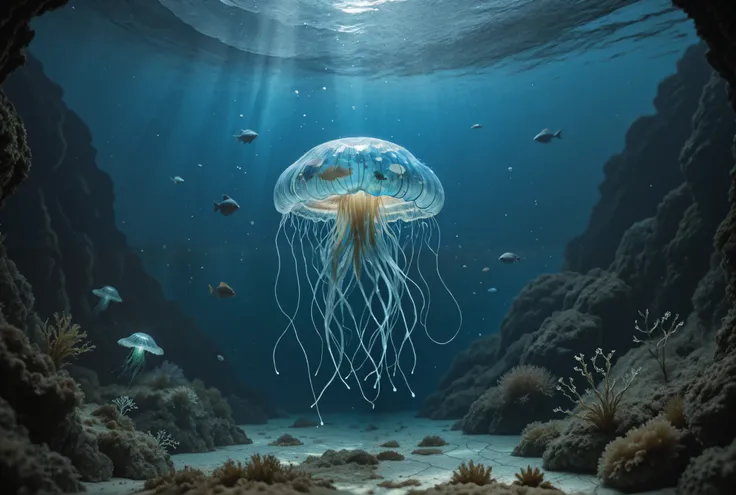 “A mesmerizing and surreal underwater scene with a smooth gradient of deep blue to glowing turquoise, creating a dreamlike atmosphere. Gentle ripples and light reflections dance across the water, forming intricate patterns. Ethereal marine creatures such a...