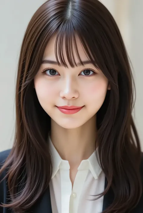 masterpiece, with the face positioned accurately in the center of the image, fine, clean skin、white blouse and black jacket,document background、long black hair, Bangs, smile, 8k, Tight chest