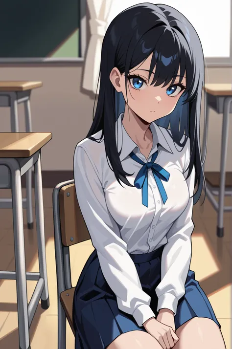 (masterpiece, ultra high definition, 16k, RAW photo, intricate), sharp focus, crisp details, 1girl , Look the viewer straight in the eye, bright expression, Classroom at a School with No One, school chair, sitting chair, black hair, long hair, shiny hair...