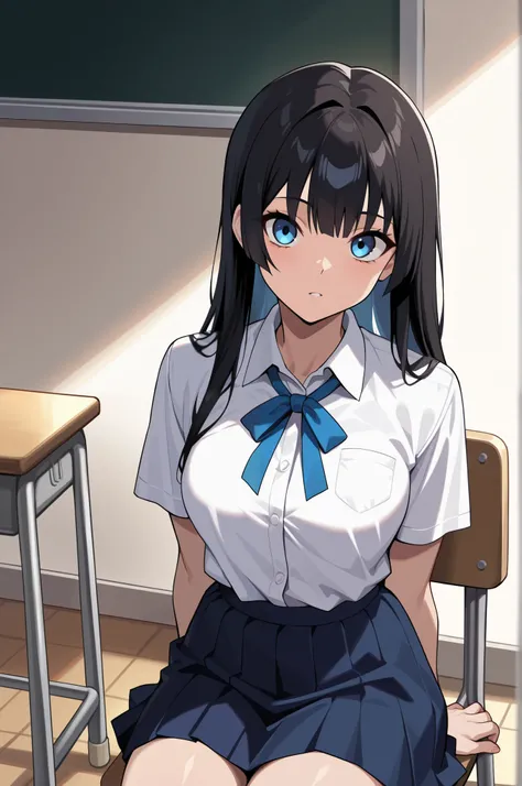 (masterpiece, ultra high definition, 16k, RAW photo, intricate), sharp focus, crisp details, 1girl , Look the viewer straight in the eye, bright expression, Classroom at a School with No One, school chair, sitting chair, black hair, long hair, shiny hair...