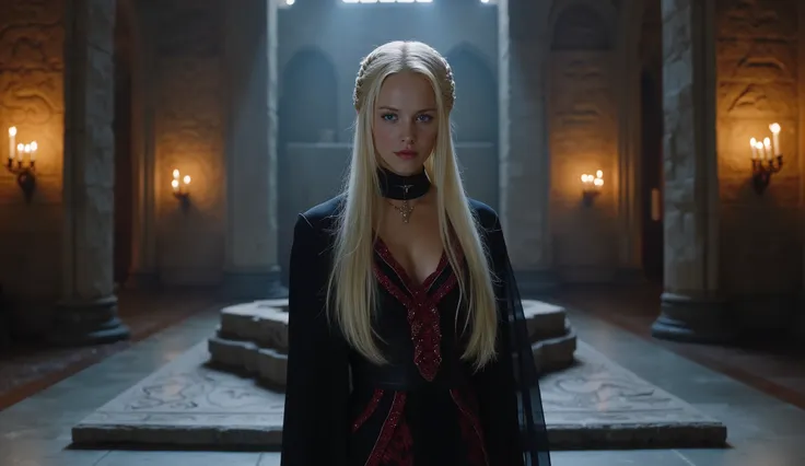 Create a powerful and regal portrait of Daenerys Targaryen standing in the grand Hall of Dragonstone. She is depicted as a slender, ethereal figure with silver-blonde hair cascading down her back in intricate braids, adorned with small dragon-shaped orname...