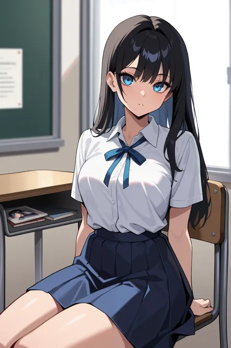 (masterpiece, ultra high definition, 16k, RAW photo, intricate), sharp focus, crisp details, 1girl , Look the viewer straight in the eye, bright expression, Classroom at a School with No One, school chair, sitting chair, black hair, long hair, shiny hair...