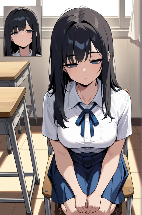 (masterpiece, ultra high definition, 16k, RAW photo, intricate), sharp focus, crisp details, 1girl , black hair, long hair, (Neat hair), shiny hair, blue eyes, medium breasts, school uniform, white shirt, blue neck ribbon, blue skirt, brown shoes, ( Cla...