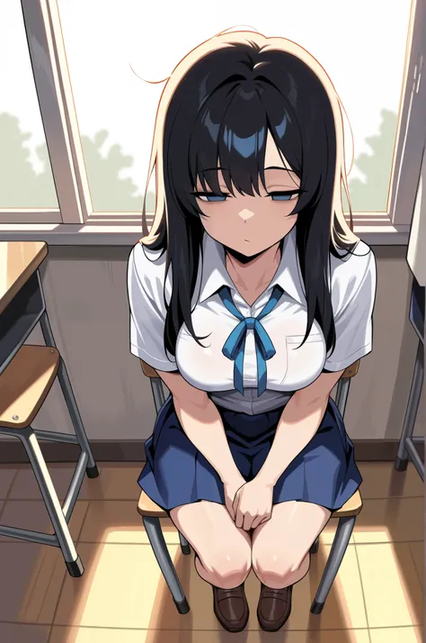 (masterpiece, ultra high definition, 16k, RAW photo, intricate), sharp focus, crisp details, 1girl , black hair, long hair, (Neat hair), shiny hair, blue eyes, medium breasts, school uniform, white shirt, blue neck ribbon, blue skirt, brown shoes, ( Cla...