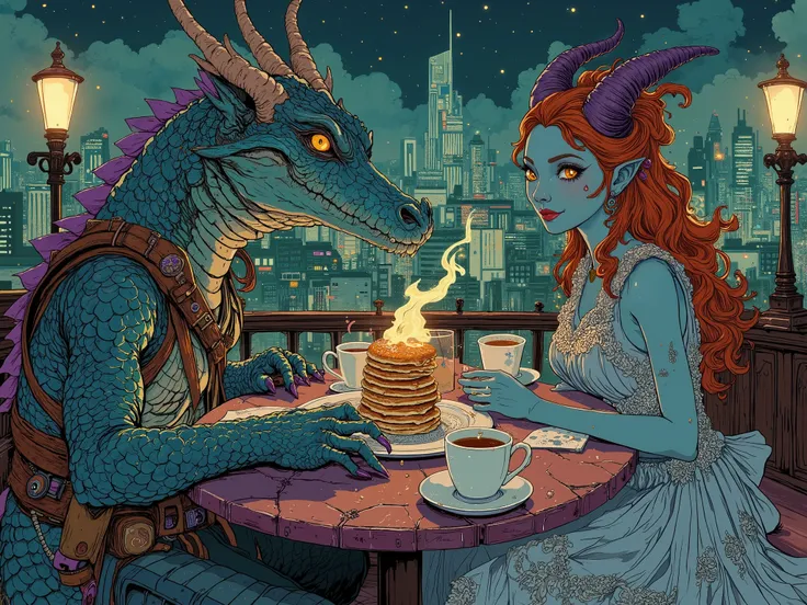 An androgynous hybrid of a dragon and a crocodile and a female dark witch are sitting at a table in an open rotunda overlooking a sky-fi city and eating pancakes, a stack of pancakes on a plate, the emerald-purple iridescent scales of a dragon faintly flic...