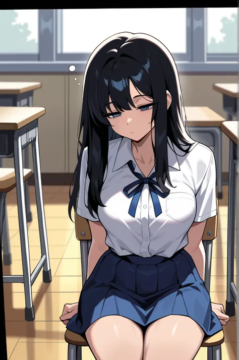 (masterpiece, ultra high definition, 16k, RAW photo, intricate), sharp focus, crisp details, 1girl , black hair, long hair, (Neat hair), shiny hair, blue eyes, medium breasts, school uniform, white shirt, blue neck ribbon, blue skirt, brown shoes, ( Cla...