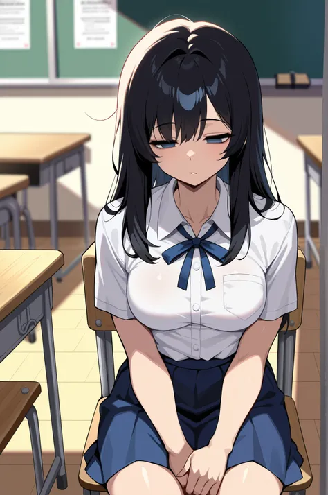 (masterpiece, ultra high definition, 16k, RAW photo, intricate), sharp focus, crisp details, 1girl , black hair, long hair, (Neat hair), shiny hair, blue eyes, medium breasts, school uniform, white shirt, blue neck ribbon, blue skirt, brown shoes, ( Cla...