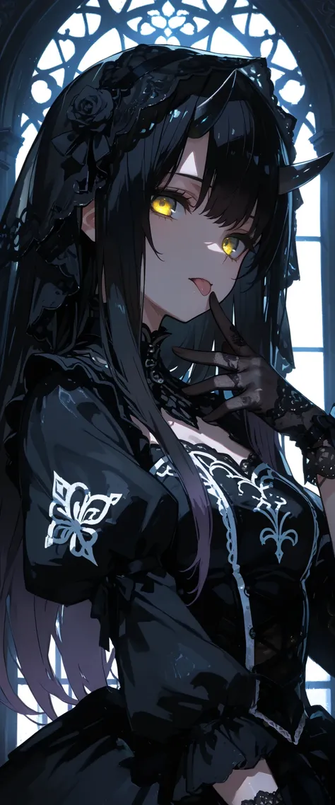 top quality , masterpiece, 748cm style , 1 girl, , viewers, , gradient hair, black hair, long hair, yellow eyes , gothic dress, black dress, gothic veil, lace gloves, bridal veil, looking at viewer, gothic background, perfect waist, standing, eyelevel shot...