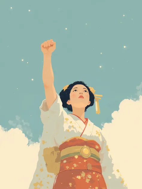 upper body, half body photo, A geisha with her fist raised high in the air and staring up at the sky, her expression brave and confident, i11ustmin ,illustration of ,i11ustmin Illustration, minimalistportrait, By Taiyo Matsumoto.