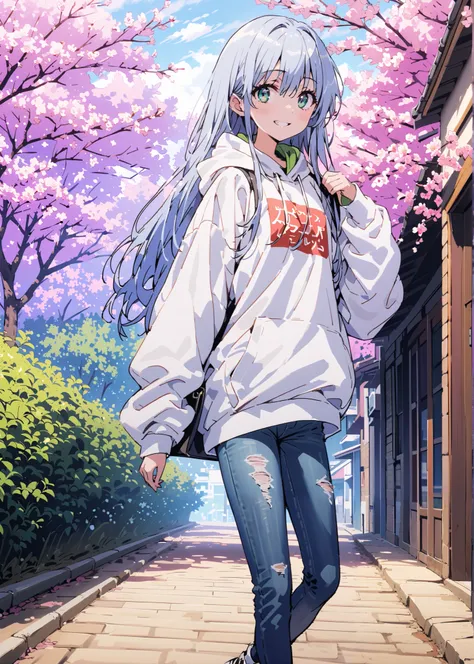 score_9, score_8_up, score_7_up, source_anime, Prohibited bibliography, Alone,green eyes, blue hair, long hair,Baseball hats, Oversized white hoodie,short outer jacket,skinny jeans,sneakers,cherry blossoms,Trail,standing,,Beautiful Scenery,smile,cover, gri...