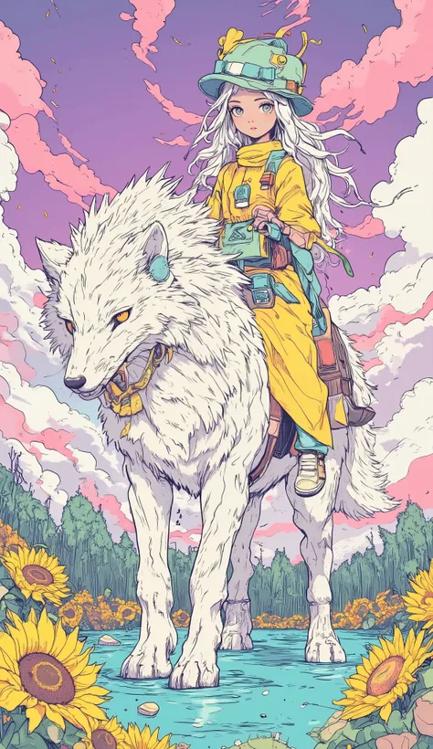 Vision,unreal colors in the sky with purple and pink gradients,Create a dreamy atmosphere, girl(silver-white curls, long hair,head wearing a mint green gentleman hat,Creamy yellow long dress,off-white canvas shoes)rides a giant snow fox in the lake,In the ...