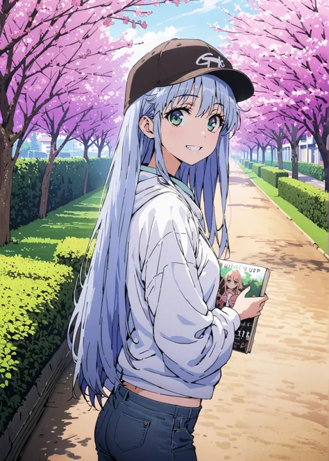 score_9, score_8_up, score_7_up, source_anime, Prohibited bibliography, Alone,green eyes, blue hair, long hair,Baseball hats, Oversized white hoodie,skinny jeans,sneakers,cherry blossoms,Trail,standing,,Beautiful Scenery,smile,cover, grin , lower back hold...