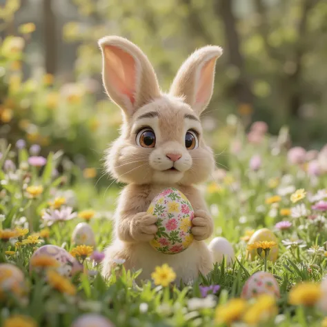 A highly detailed, ultra-realistic 3D rendering of an Easter Bunny in a lush spring meadow. The bunny has soft, fluffy fur with individual strands visible, expressive deep brown eyes, and delicate whiskers. It holds a beautifully decorated Easter egg with ...