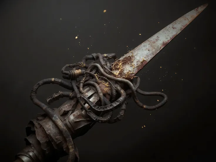 A rusted sword,The sword is covered with black pipes and wires,The sword has a golden circuit texture