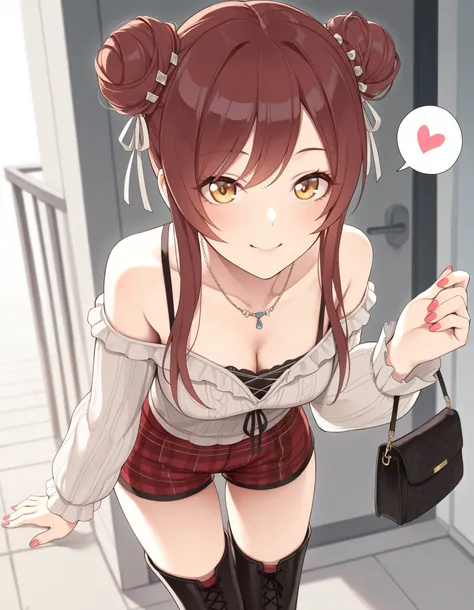 1girl,osaki amana,idolmaster shiny colors, bare shoulders, boots, breasts, brown hair, cleavage, collarbone, double bun, hair bun, handbag, heart, jewelry, leaning forward, long hair, long sleeves, medium breasts, nail polish, necklace, official alternate ...