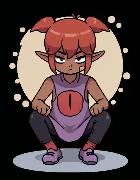 score_9, score_8_up, score_7_up, full body, pants, solo, transparent background, Front view, from front, 1girl, black backgrounds, tanding, black pants, pointy ears, Brown skin, red hair, short hair, short twin tails, Sleeveless, Tunic, purple dress, Purpl...