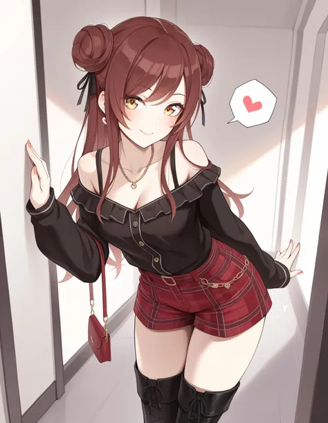 1girl,osaki amana,idolmaster shiny colors, bare shoulders, boots, breasts, brown hair, cleavage, collarbone, double bun, hair bun, handbag, heart, jewelry, leaning forward, long hair, long sleeves, medium breasts, nail polish, necklace, official alternate ...