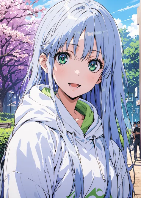 score_9, score_8_up, score_7_up, source_anime, Prohibited bibliography, Alone,green eyes, blue hair, long hair,Baseball hats,short outer jacket,Oversized white hoodie,skinny jeans,sneakers,cherry blossoms,Trail,standing,Beautiful Scenery,smile,cover,opens ...