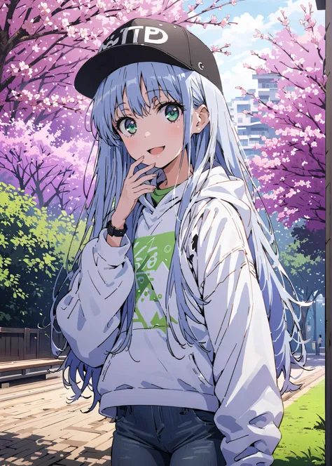 score_9, score_8_up, score_7_up, source_anime, Prohibited bibliography, Alone,green eyes, blue hair, long hair,Baseball hats,short outer jacket,Oversized white hoodie,skinny jeans,sneakers,cherry blossoms,Trail,standing,Beautiful Scenery,smile,cover,opens ...