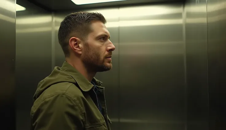 Medium shot:on the side of a chair:Men have short hair and a beard,Wearing an army green jacket,Look at the left side of the screen,Standing in the elevator。bright and soft lighting。