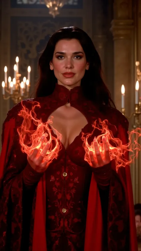 A low-resolution DVD screengrab from an early 2000s dark fantasy film, featuring a mysterious woman with long dark hair and striking features, dressed in an elaborate red witch costume with intricate embroidery and flowing fabrics. She stands in a dimly li...