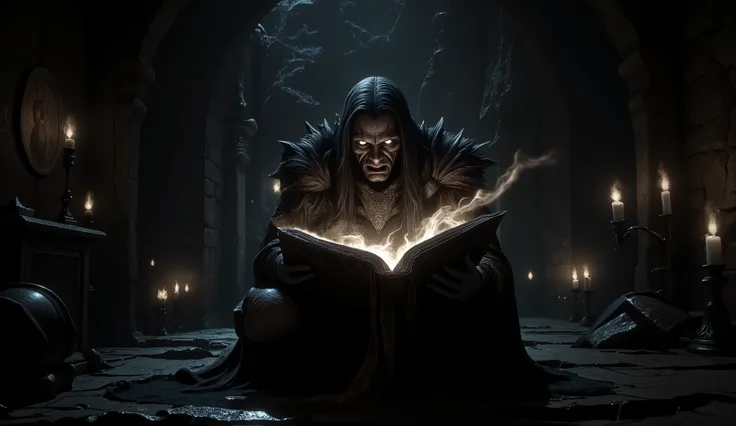 A dark necromancer reading from an ancient, tattered grimoire in a dimly lit dungeon, hyper-realistic, photorealistic 8K digital painting, cinematic lighting, eerie glowing eyes casting unsettling reflections on twisted face, intense expression of obsessio...