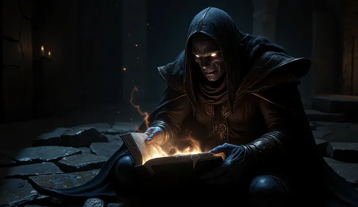 A dark necromancer reading from an ancient, tattered grimoire in a dimly lit dungeon, hyper-realistic, photorealistic 8K digital painting, cinematic lighting, eerie glowing eyes casting unsettling reflections on twisted face, intense expression of obsessio...
