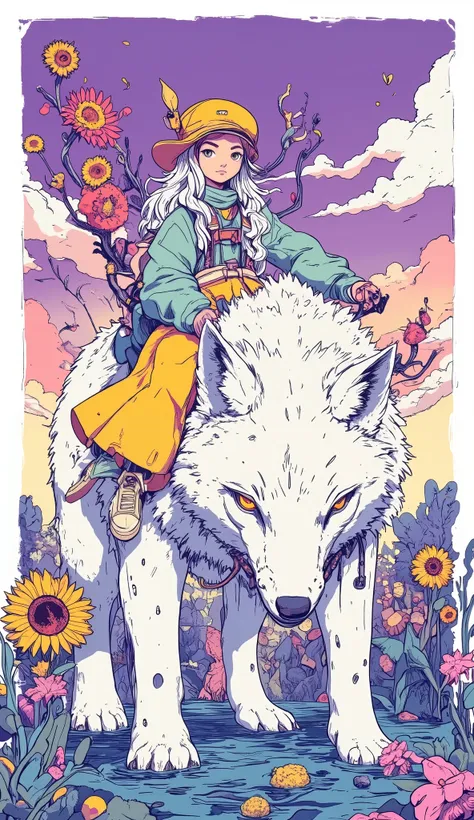 Vision,unreal colors in the sky with purple and pink gradients,Create a dreamy atmosphere, girl(silver-white curls, long hair,head wearing a mint green gentleman hat,Creamy yellow long dress,off-white canvas shoes)rides a giant snow fox in the lake,There a...