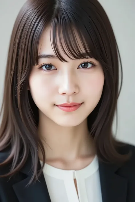 masterpiece, with the face positioned accurately in the center of the image, fine, clean skin、white blouse and black jacket,document background、long black hair, Bangs, smile, 8k, Tight chest