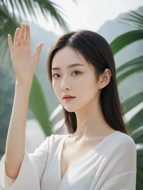  girl, 中国  girl, Hand raised, palm, front ID photo, front view, half body