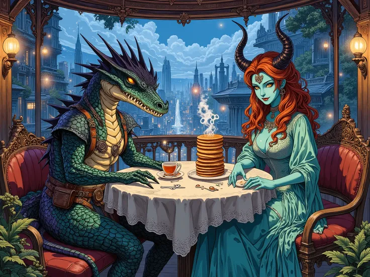 An androgynous hybrid of a dragon and a crocodile and a female dark witch are sitting at a table in an open rotunda overlooking a sky-fi city and eating pancakes, a stack of pancakes on a plate, the emerald-purple iridescent scales of a dragon faintly flic...