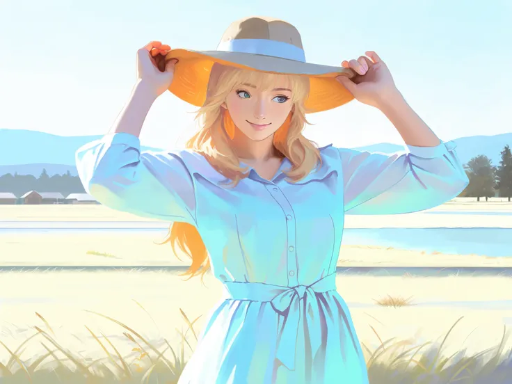 HDR, 8K, high contrast, masterpiece, best quality, amazing quality, very aesthetic, traditional paint artstyle, realistic, newest, Kinu Nishimura, Sungmoo style
BREAK
a blonde woman standing in a farm, flowing dress, farmer's hat, holding onto hat, looking...