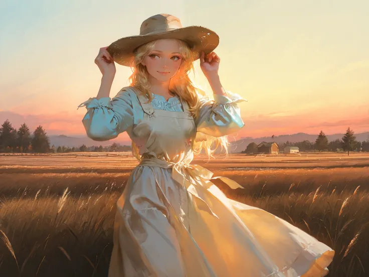 HDR, 8K, high contrast, masterpiece, best quality, amazing quality, very aesthetic, traditional paint artstyle, realistic, newest, Kinu Nishimura, Antonio J. Manzanedo
BREAK
a blonde woman standing in a farm, flowing dress, farmer's hat, holding onto hat, ...