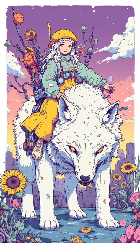Vision,unreal colors in the sky with purple and pink gradients,Create a dreamy atmosphere, girl(silver-white curls, long hair,head wearing a mint green gentleman hat,Creamy yellow long dress,off-white canvas shoes)rides a giant snow fox in the lake,There a...