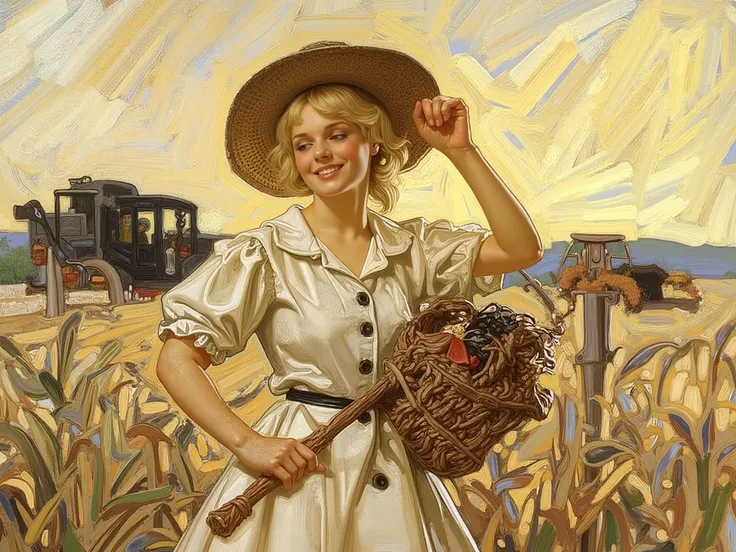 HDR, 8K, high contrast, masterpiece, best quality, amazing quality, very aesthetic, traditional paint artstyle, realistic, newest, Leyendecker, J.C Leyendecker, deckr
BREAK
a blonde woman standing in a farm, flowing dress, farmer's hat, holding onto hat, l...