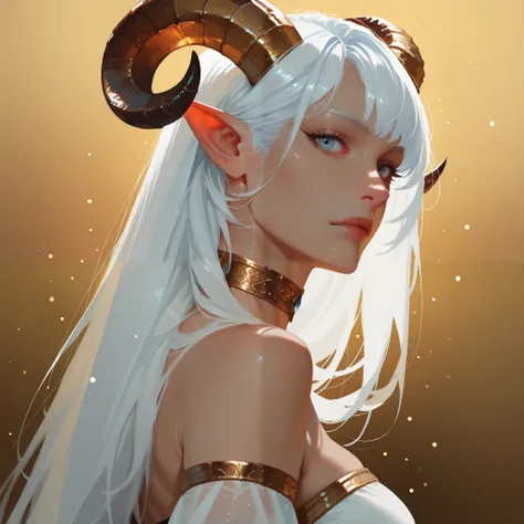 1girl, gold horns, solo, long white hair, pointy ears, looking at viewer, white hair, bare shoulders, , upper body, sheep horns, , light blue eyes, dress, choker, curled horns, straight hair, breasts,, detached sleeves, , white dress, nose, from side, , , ...