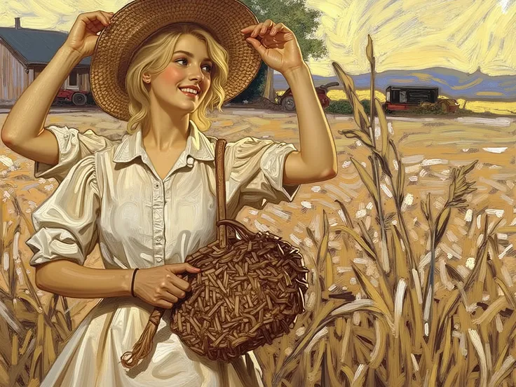 HDR, 8K, high contrast, masterpiece, best quality, amazing quality, very aesthetic, traditional paint artstyle, realistic, newest, Leyendecker, J.C Leyendecker, deckr
BREAK
a blonde woman standing in a farm, flowing dress, farmer's hat, holding onto hat, l...